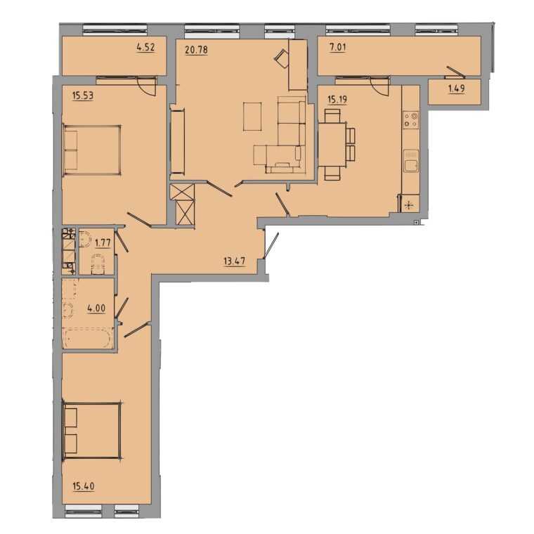 Интерьер 3 комнатной квартиры с совмещенной кухней и гостиной 100 кв. м. 24 фото